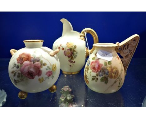 A ROYAL WORCESTER BLUSH IVORY JUG, 13cm high and two similar Worcester vases (3)