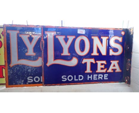 AN EARLY 20TH CENTURY DOUBLE SIDED ENAMEL SIGN, 'LYONS' TEA SOLD HERE', 45cm wide and another similar (missing return)