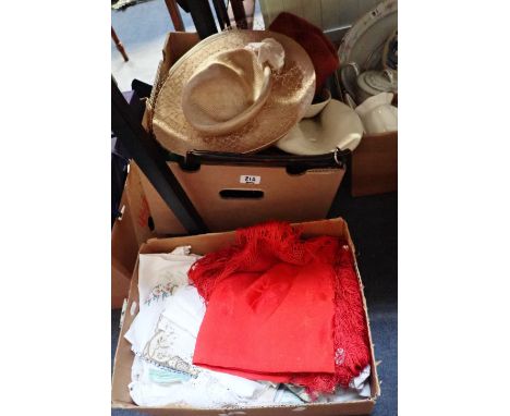 A COLLECTION OF VINTAGE LADIES HATS and a collection of table cloths, napkins and textiles