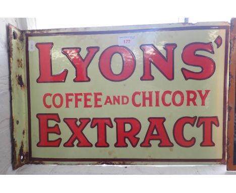 AN EARLY 20TH CENTURY DOUBLE SIDED ENAMEL SIGN, 'LYONS' COFFEE AND CHICORY EXTRACT' 45cm wide