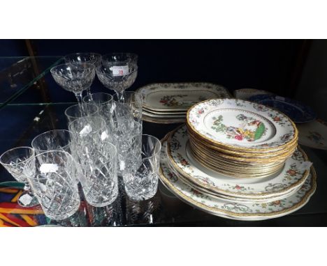 A QUANTITY OF SPODE 'CHELSEA' PLATES (examine) and a collection of cut drinking glasses