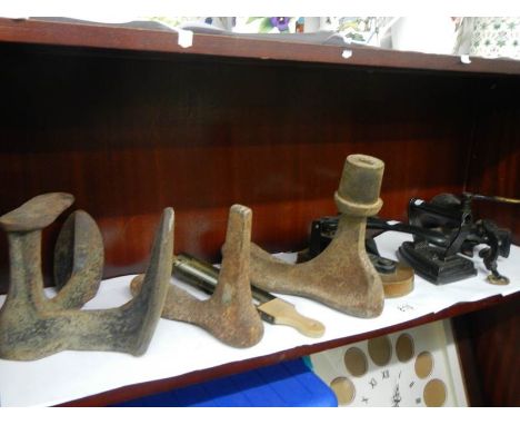 A mixed lot including cast iron shoe lasts, brass toffee thermometer etc.,