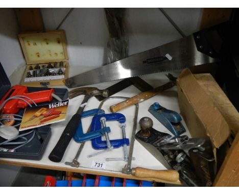 A mixed lot of tools including spirit levels, Stanley plane, Weller soldering set etc.,