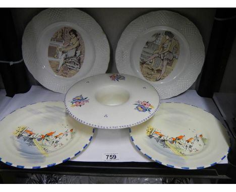 Two Burleigh ironstone 'Naughty Nineties' plates, 2 Parrot company coronet ware hand painted plates and a Poole pottery posy 