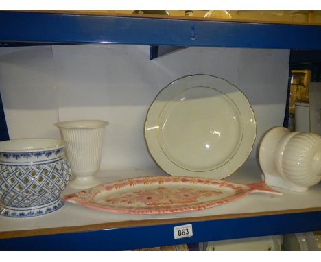 A large Quimper France fish plates, blue and white planter, wall pocket etc.,