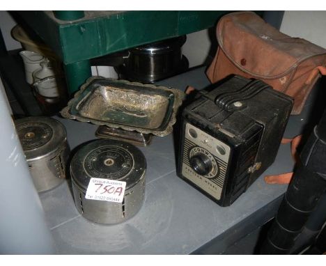 Two vintage Yorkshire penny banks and a Conway box camera.