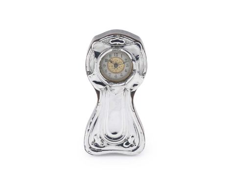 An Art Nouveau silver fronted miniature mantle clock, by Henry Williamson Ltd, Birmingham 1906, the brass movement with stamp