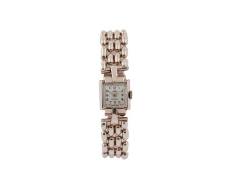 A Trebex 9ct rose gold cased lady's manual wind cocktail wristwatch, the square dial with Arabic numeral hour markers, 16mm c
