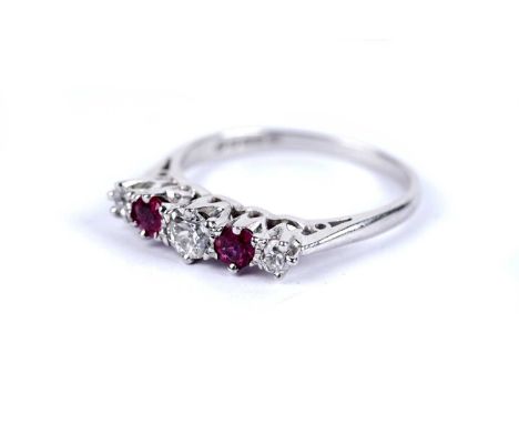 A diamond and ruby five stone dress ring, in 18ct white gold, size K 1/2, 2.6g gross.