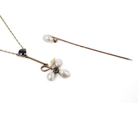 An Edwardian baroque pearl and sapphire drop pendant, in yellow gold, unmarked, 3.2g gross; and a similar stick pin, in rose 