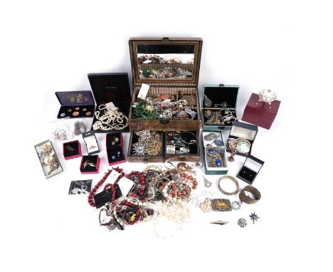 A selection of gold earrings and a gold bangle, most marked for 9ct gold, 10.4g gross; and a selection of costume jewellery a