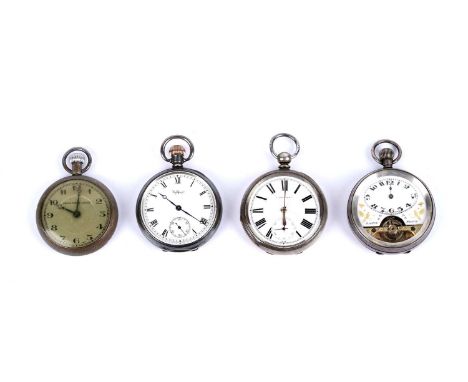 A collection of four pocket watches, comprising: a Swiss silver cased 8-day pocket watch; a silver open faced pocket watch, b