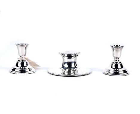 An antique silver capstan inkwell, of typical form, partially hallmarked to lid interior; and a pair of Elizabeth II silver c