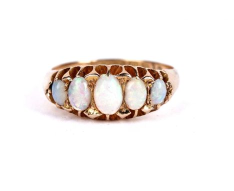 A Victorian opal five-stone dress ring, in 18ct yellow gold, hallmarked Birmingham 1900, size J 1/2, 2.9g gross.