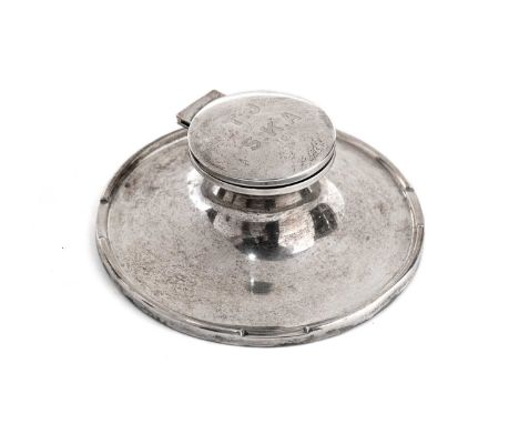 A George V silver inkwell, by A &amp; J Zimmerman Ltd, Birmingham 1919, the lid engraved ‘T.J from S.K.A 1919’, with loaded b