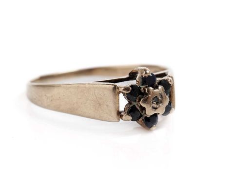 A sapphire and diamond flower cluster ring, in 9ct yellow gold, size R, 2.2g gross.
