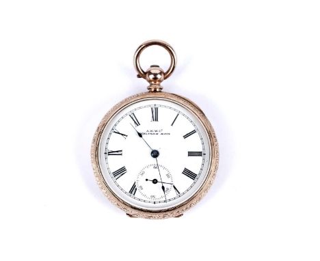 A gold cased Waltham open faced fob pocket watch, the white enamel Roman dial with subsidiary seconds dial at 6, the interior