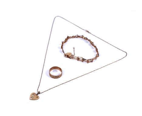 A 9ct yellow gold gatelink bracelet, with heart-shaped padlock clasp; a 9ct gold wedding band, size R 1/2, and a 9ct gold hea