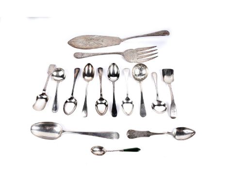 An Edwardian silver fish slice and fork, by Martin, Hall &amp; Co, Sheffield 1902, the slice with engraved fish pattern decor