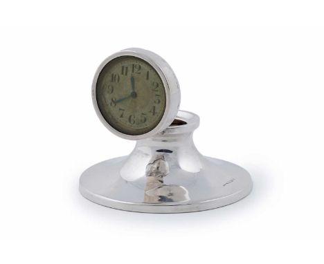 A silver capstan inkwell desk clock, by S Blanckensee &amp; Son Ltd, Birmingham 1930, the hinged lid set with an Arabic clock