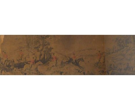 A late 19thC tapestry picture, of a hunt in full progress, within an oak frame, 47cm x 142cm.