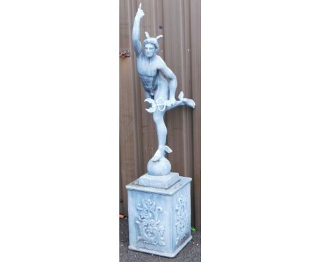 A lead garden sculpture modelled as Hermes, modelled standing on a ball, on a foliate moulded square plinth, 160cm high.