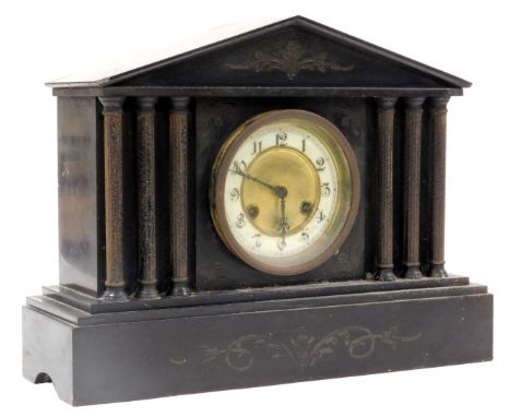 A late 19thC slate cased mantel clock, circular brass dial with enamel chapter ring bearing Arabic numerals, French eight day