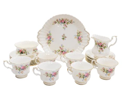 A Royal Albert porcelain Moss Rose pattern part tea service, comprising bread plate, cream jug, sugar bowl, six teacups, sauc
