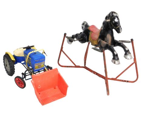 A Triang tin plate rocking horse, 97cm wide, together with a Triang plastic and cast iron ride on tractor, 102cm wide. (2).