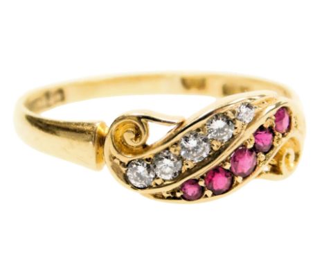 A Victorian 18ct gold ruby and diamond ring, set with five rubies and five diamonds, in a scroll design, size Q, 2.6g.