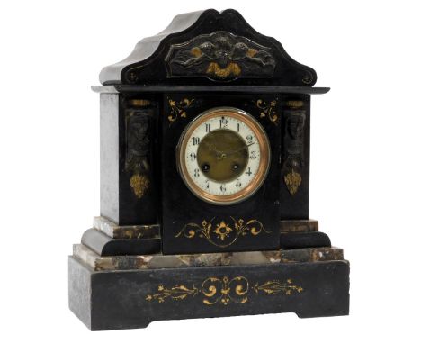 A late 19thC slate and marble mantel clock, circular brass dial with an enamel chaptering bearing Arabic numerals, French eig