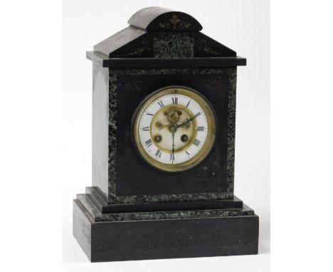 A Victorian slate and marble mantel clock, circular brass dial with enamel chapter ring bearing Roman numerals, visible broco