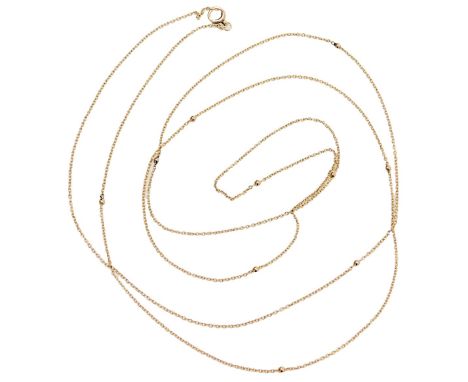 A belcher link long guard muff chain, set with balls at intervals, on a bolt ring clasp, yellow metal, stamped 15ct, 11.8g.