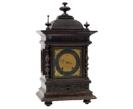 A late 19thC oak cased bracket clock, rectangular brass dial with cherub spandrels, circular silvered chapter ring, eight day