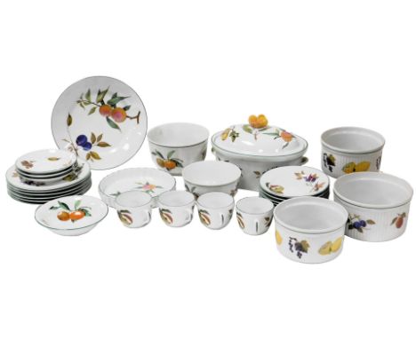 A Royal Worcester porcelain Evesham Vale part dinner service, including a casserole dish and cover, souffle dishes, teacups, 