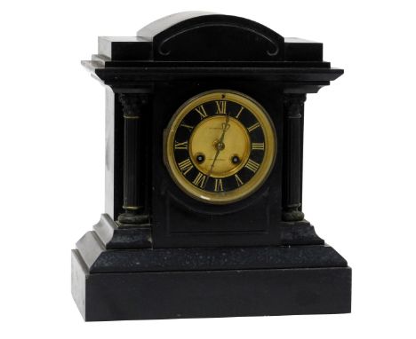 A late 19thC slate mantel clock, Alexander Philip, Edinburgh, the circular brass dial with black chapter ring bearing Roman n