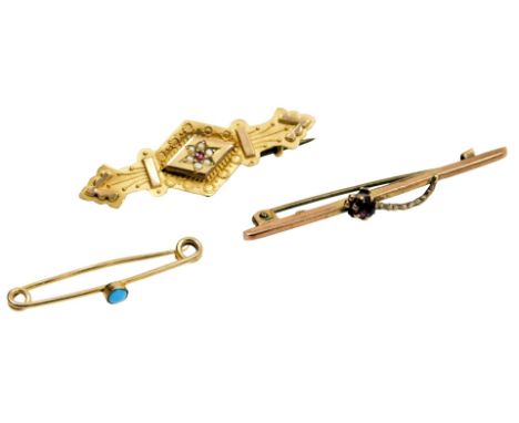 A Victorian 9ct gold and garnet bar brooch, further brooch set with a ruby and seed pearls, and a turquoise set bar brooch, 3