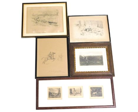 A group of hunting related etchings and engravings, including after Lionel Edwards, The Fox, The Fox, The Fox!, and Their Tal