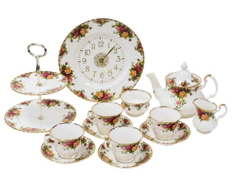 A Royal Albert porcelain Old Country Roses part tea service, comprising teapot, cream jug, sugar bowl, two tier cake stand, f