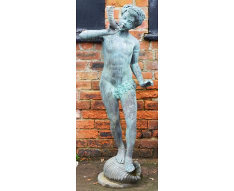 A metal garden sculpture modelled as Pan, with a verdigris finish, 137cm high.&nbsp;