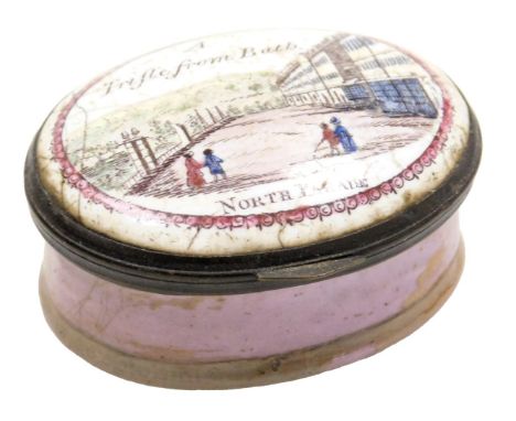 A late 18thC Bilston enamel snuff box, a Trifle from Bath, North Parade, 52mm wide.