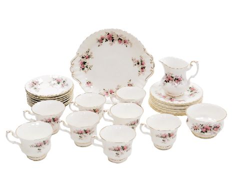 A Royal Albert porcelain Lavender Rose part tea service, comprising cream jug and sugar bowl, bread plate, eight teacups, sau