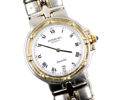 A Raymond Weil Parsifal gentleman's stainless steel cased wristwatch, circular white dial bearing Roman numerals, date apertu