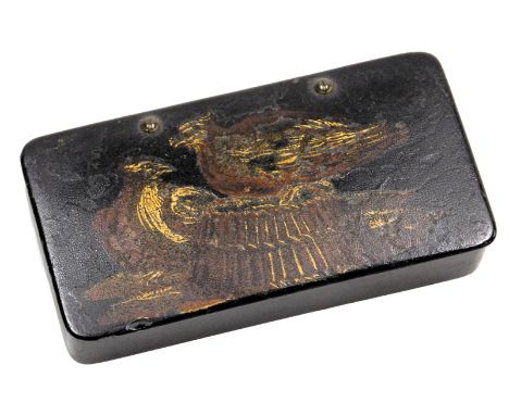 A 19thC papier mache snuff box, decorated to the lid with birds, 9.5cm wide.