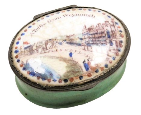 A late 18thC Bilston enamel snuff box, a Trifle from Weymouth, 52mm wide.