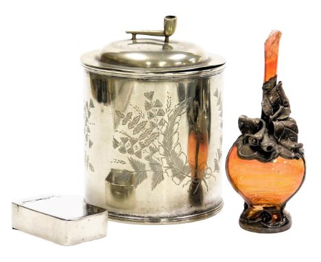 A Victorian silver plated tobacco jar, the lid with a pipe finial, engraved with grasses and leaves, 13cm high, together with