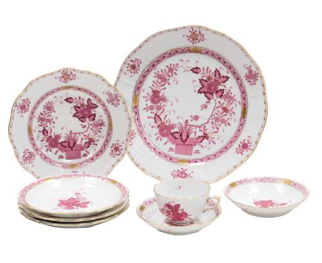 A group of Herend porcelain Chinese Bouquet Raspberry pattern wares, comprising a coffee cup and two saucers, further saucer,