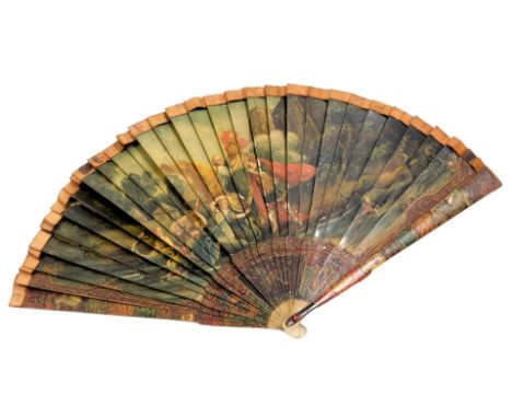 A 19thC Continental stick fan, painted to the obverse with classical figures and beasts, beside a Roman emperor, verso a gard