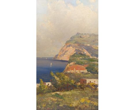 A signed Impressionist style oil on board, a continental landscape view of cliffs and sea, in a gilt frame. Indistinctly sign