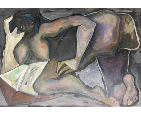 A signed abstract cubist style oil on board, portrait of a woman and book 1953, by M. Bonarelli, in a beech tray frame. H.74 